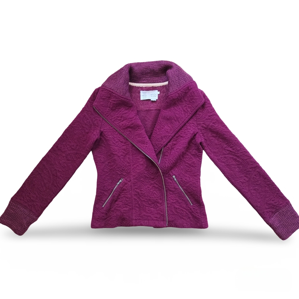 Anthropologie Moto Sweater Jacket in Burgundy Paisley Jacquard Print